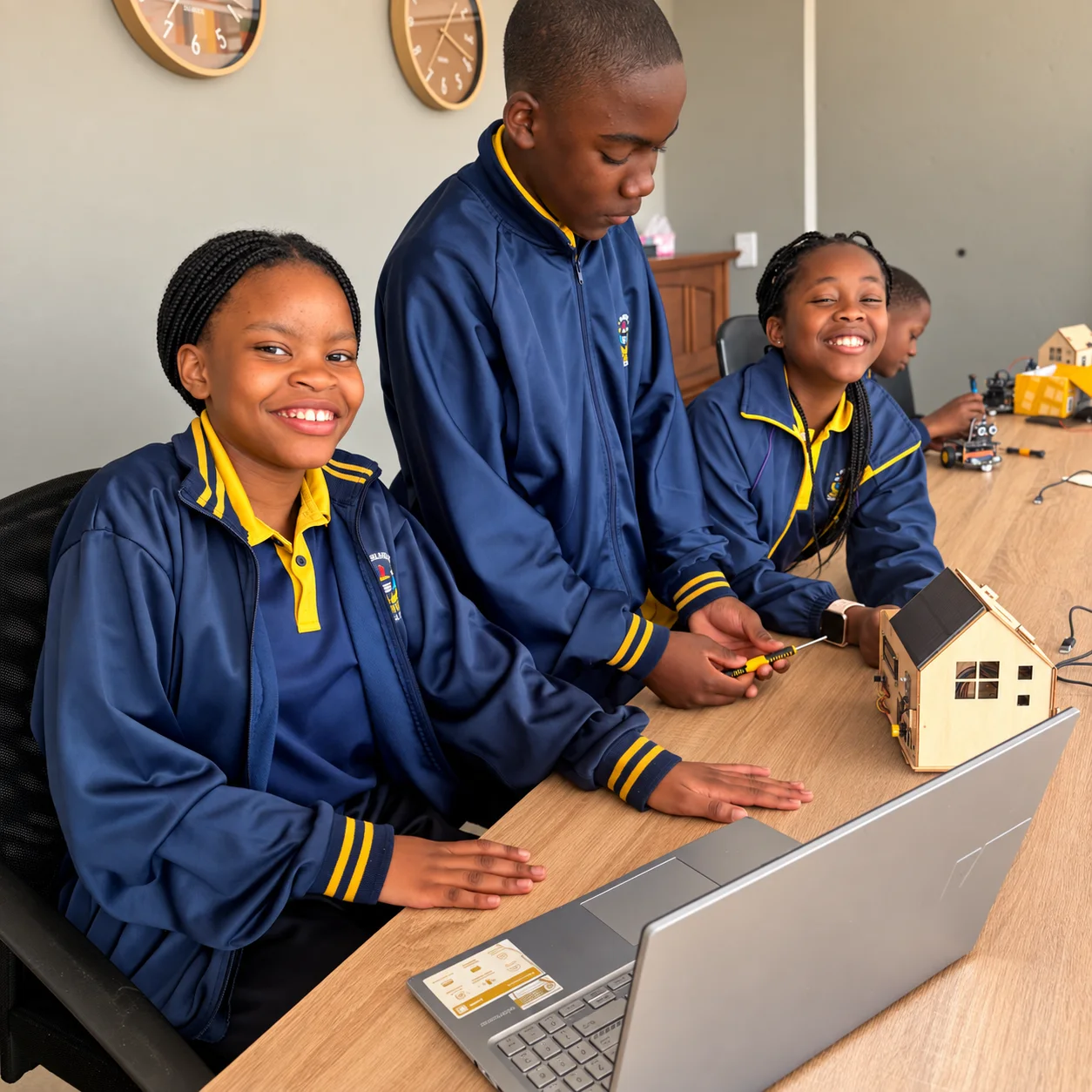 Addnum learners working together at a classroom table with a model house and learning materials