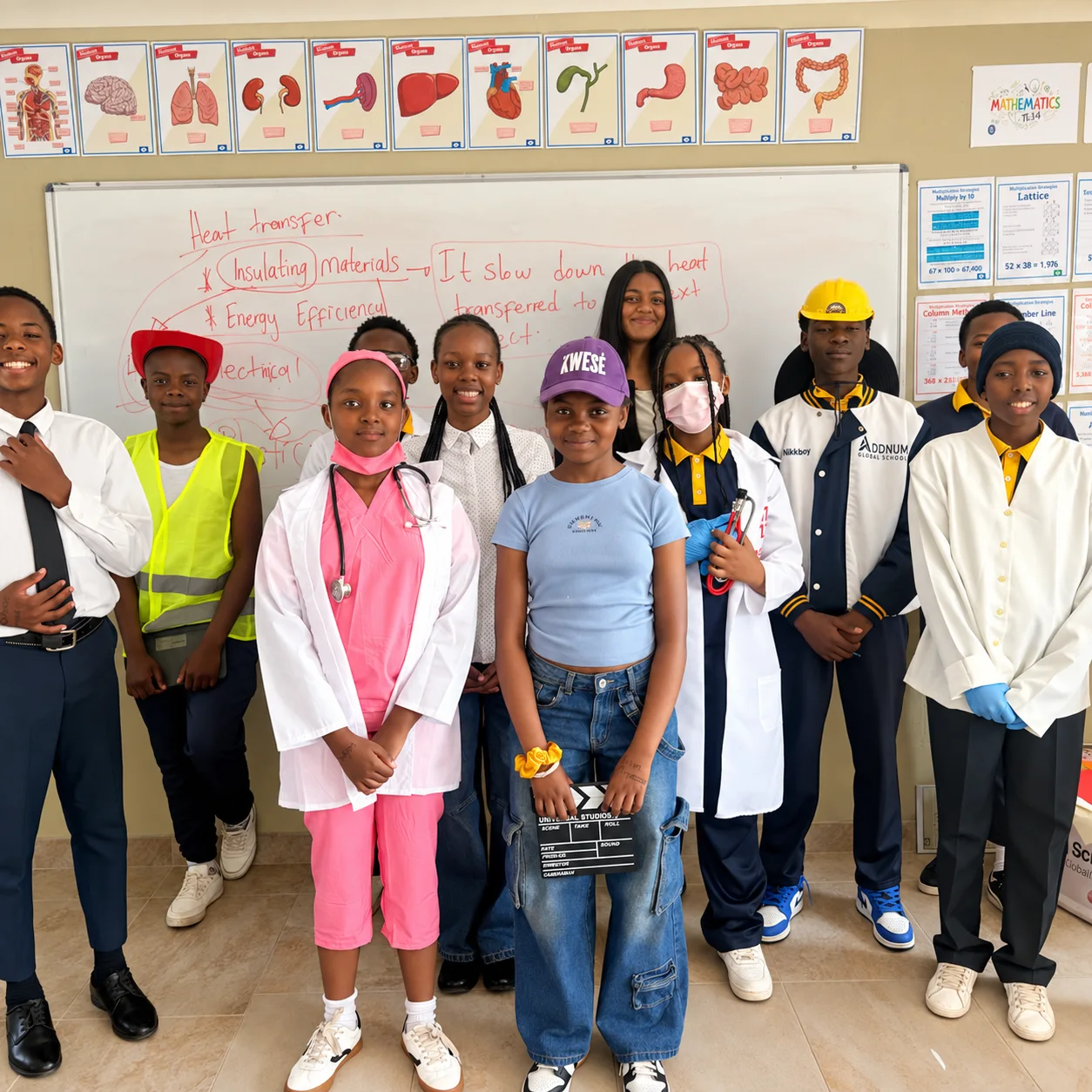 Addnum learners standing together in future-focused learning and career outfits