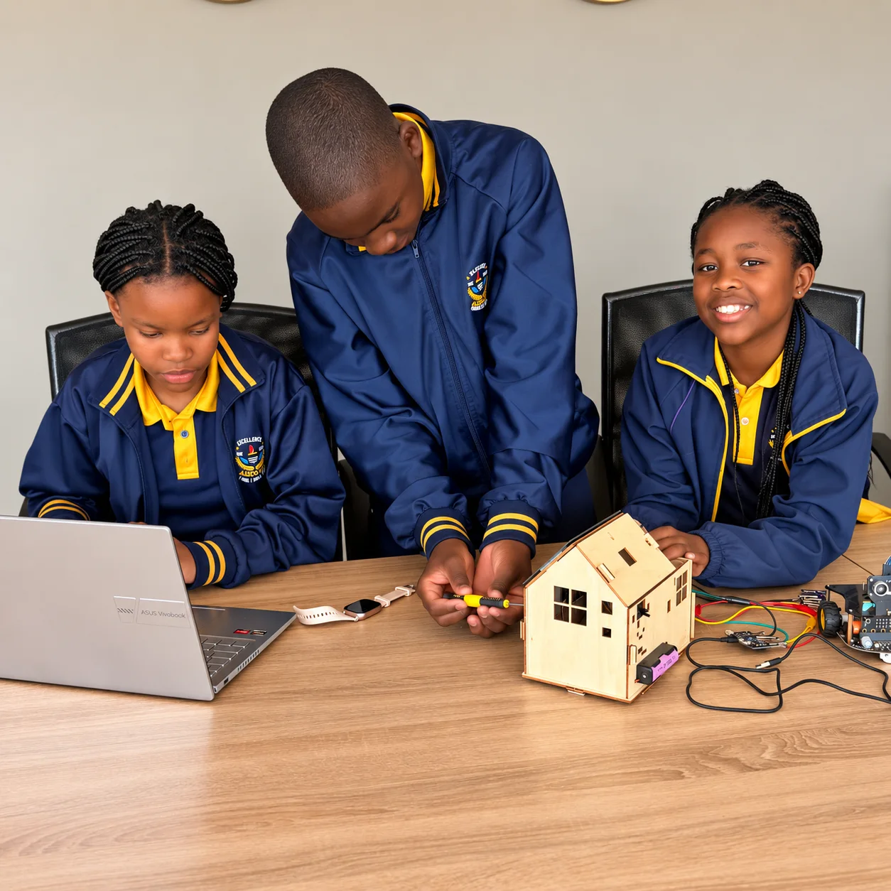Three Addnum learners collaborating around a model house, laptop and robotics components