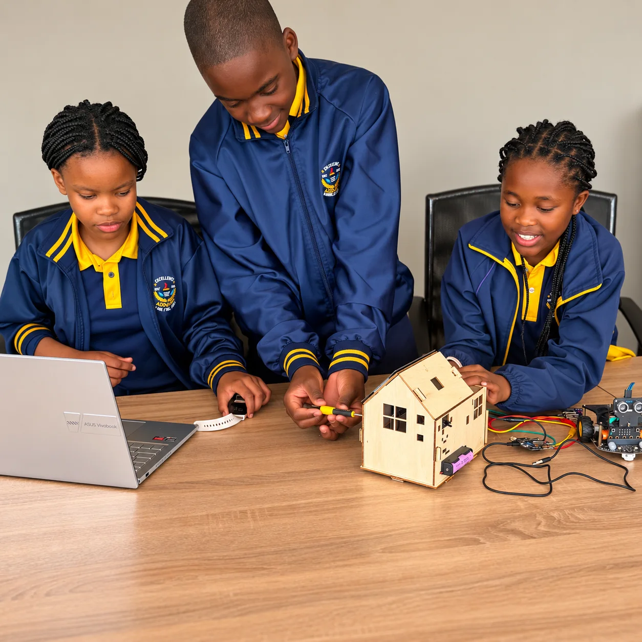 Addnum learners building a model house and exploring robotics components together
